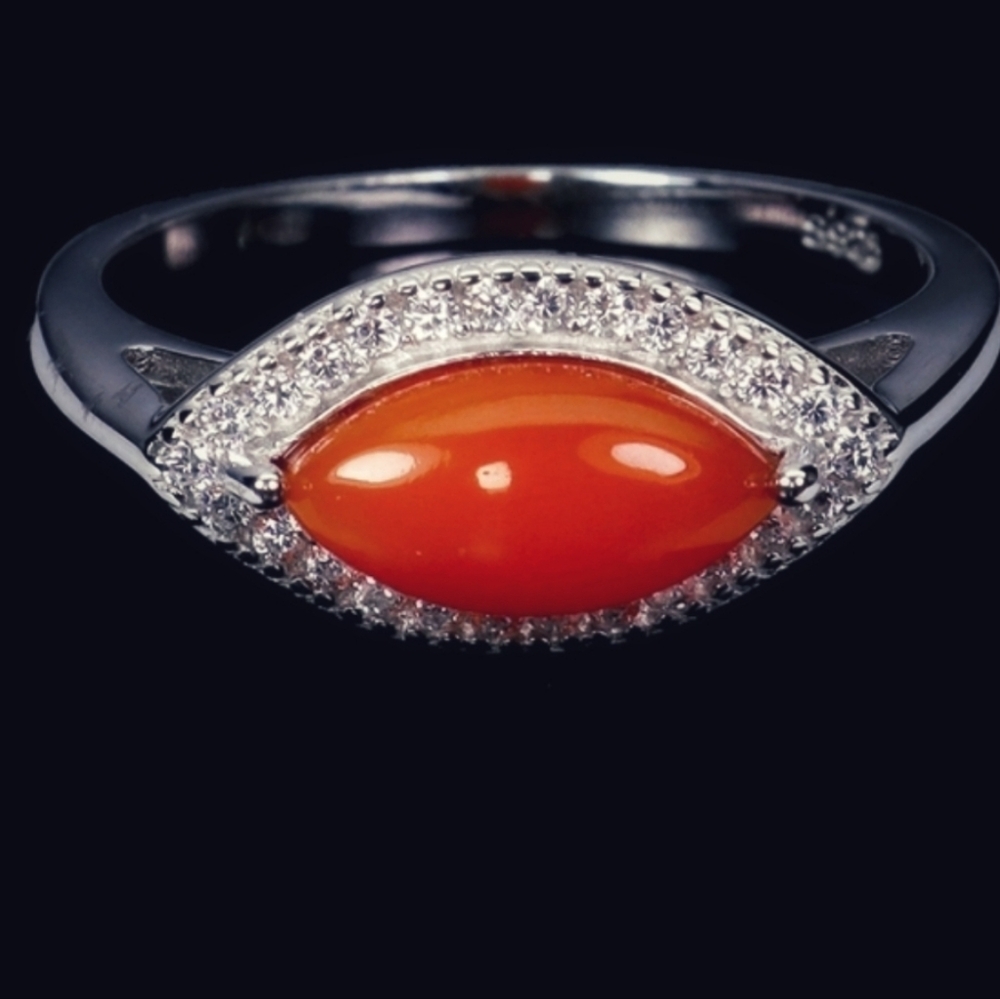 925 Sterling Silver Ring Sz 8.25 with Natural Marquise Orange Opal 10x5mm